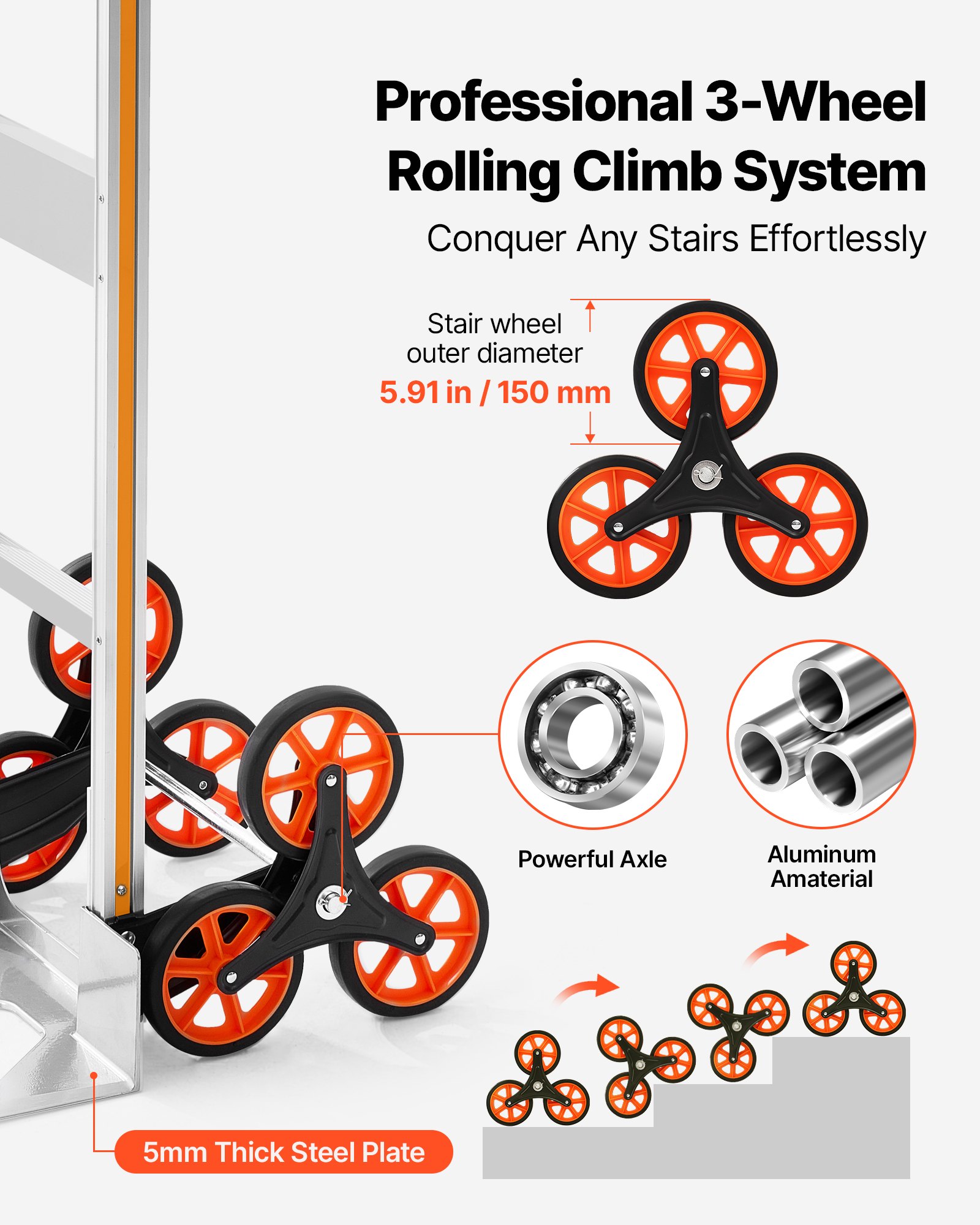 VEVOR Stair Climbing Cart, 150 kg Stair-Climb Capacity, Aluminum Alloy Folding Trolley Cart with Telescoping Handle, 6 Wheels and 2 Bungee Cords, Stair Climber Dolly for Home, Groceries, Warehouse