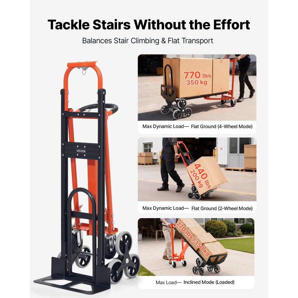 VEVOR 3 in 1 Industrial Convertible Stair Climbing Cart, 770 lbs Max Load, Folding Hand Truck Dolly with Handle & Wheels, Stair Climbing Utility Trolley for Transport & Moving, Orange & Silver