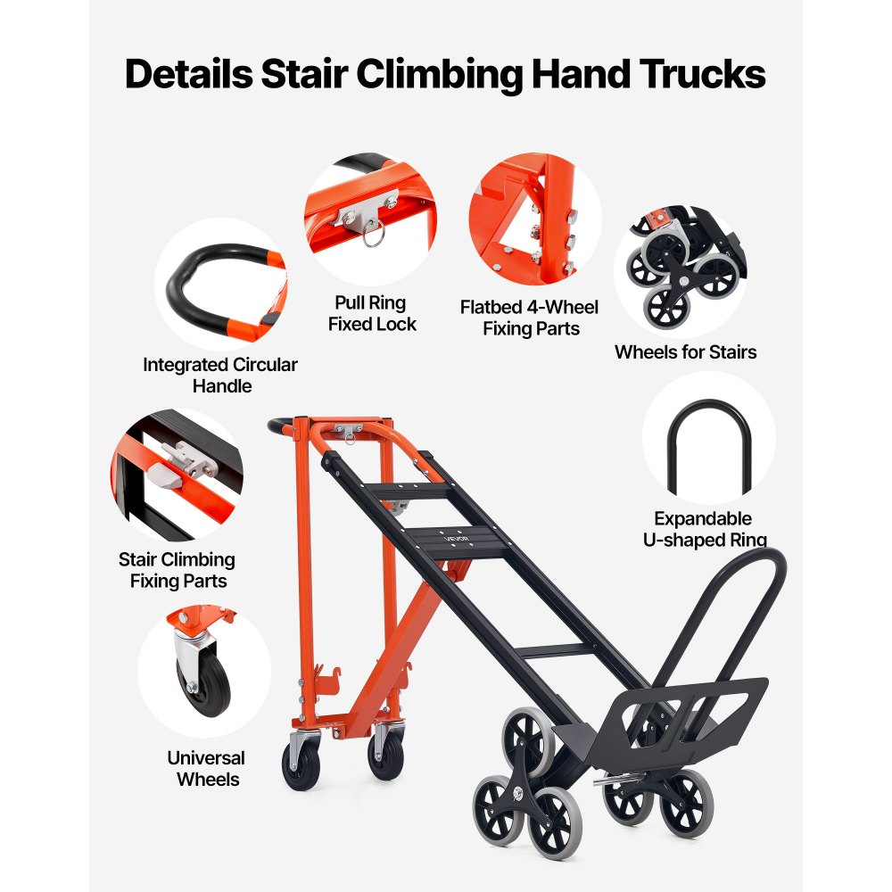 VEVOR 3 in 1 Industrial Convertible Stair Climbing Cart, 770 lbs Max Load, Folding Hand Truck Dolly with Handle & Wheels, Stair Climbing Utility Trolley for Transport & Moving, Orange & Silver