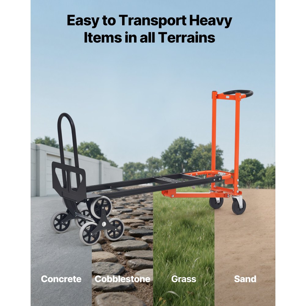 VEVOR 3 in 1 Industrial Convertible Stair Climbing Cart, 770 lbs Max Load, Folding Hand Truck Dolly with Handle & Wheels, Stair Climbing Utility Trolley for Transport & Moving, Orange & Silver