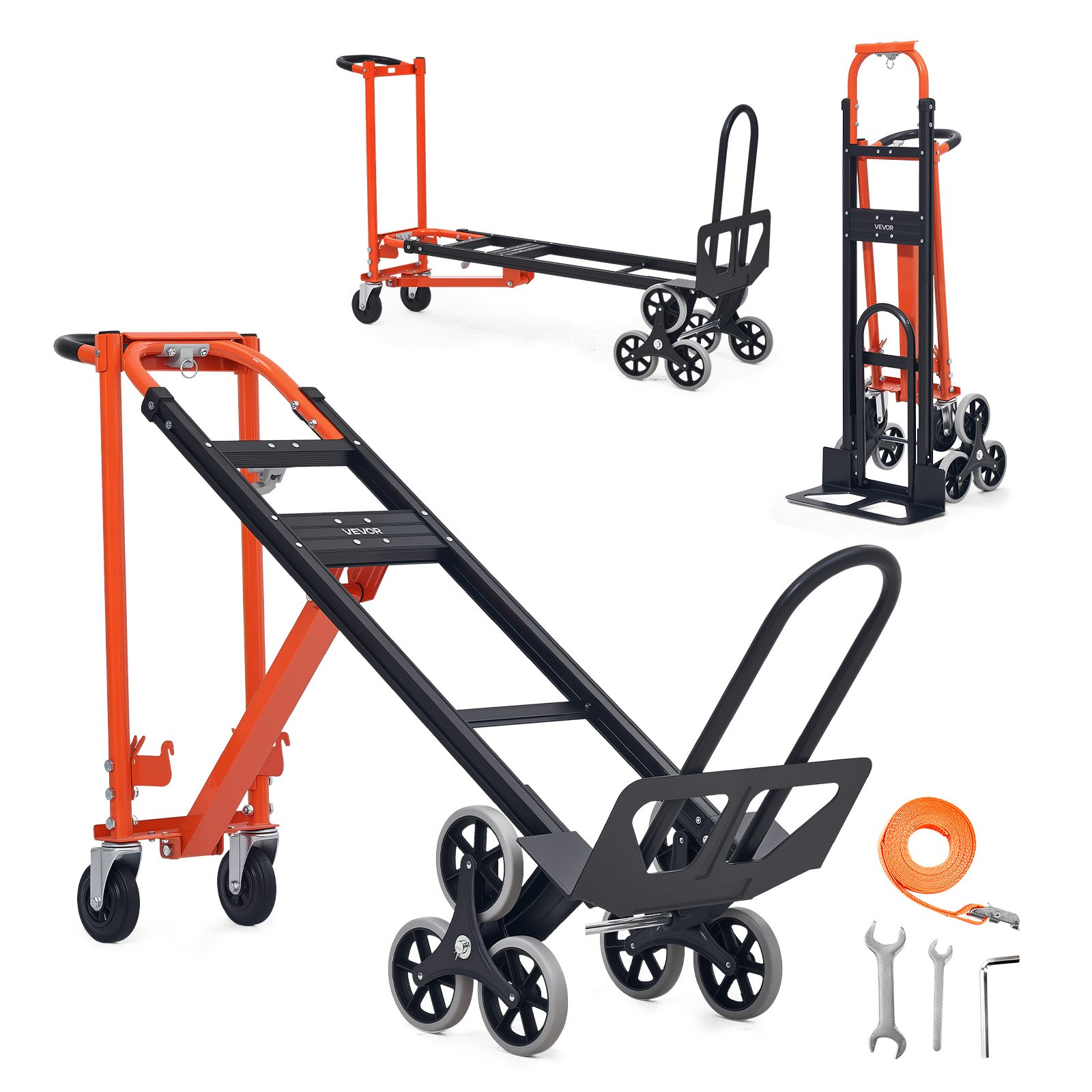 VEVOR 3 in 1 Industrial Convertible Stair Climbing Cart, 770 lbs Max Load, Folding Hand Truck Dolly with Handle & Wheels, Stair Climbing Utility Trolley for Transport & Moving, Orange & Silver