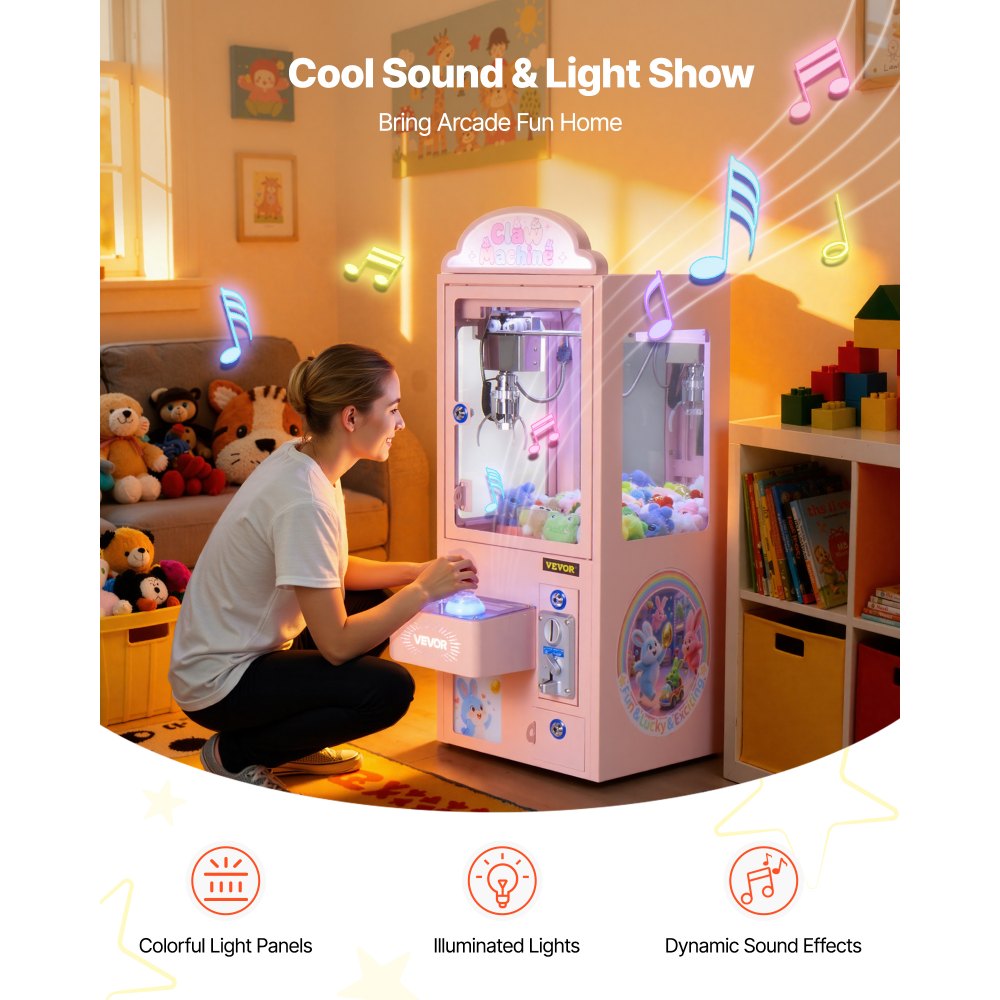 VEVOR Claw Crane Machine, Medium-Sized Arcade Game Machine with Light & Sound, Adjustable Steel Claws, Precise Toy Candy Grabber Prize Dispenser Vending Toy, for Commercial Home Parties Cinema, Pink