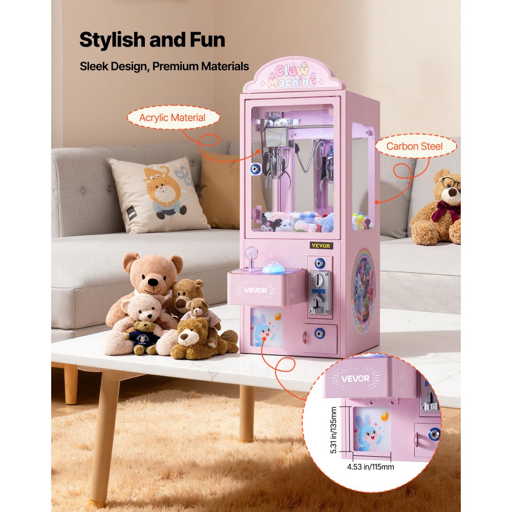 VEVOR Claw Crane Machine, Medium-Sized Arcade Game Machine with Light & Sound, Adjustable Steel Claws, Precise Toy Candy Grabber Prize Dispenser Vending Toy, for Commercial Home Parties Cinema, Pink