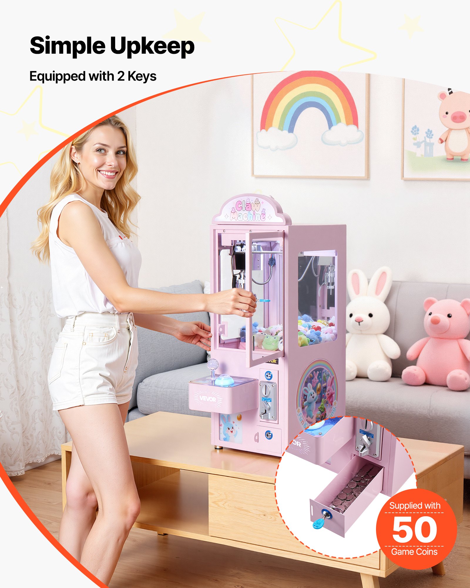 VEVOR Claw Crane Machine, Medium-Sized Arcade Game Machine with Light & Sound, Adjustable Steel Claws, Precise Toy Candy Grabber Prize Dispenser Vending Toy, for Commercial Home Parties Cinema, Pink