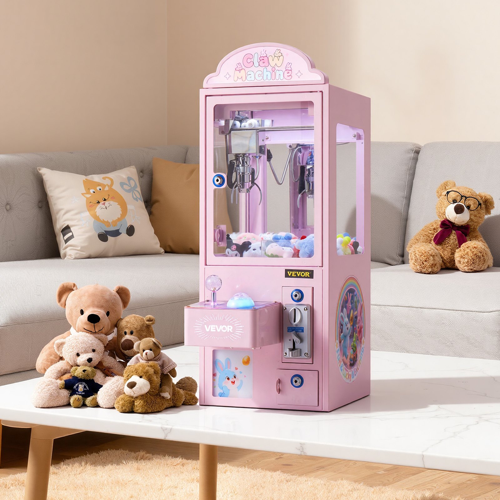 VEVOR Claw Crane Machine, Medium-Sized Arcade Game Machine with Light & Sound, Adjustable Steel Claws, Precise Toy Candy Grabber Prize Dispenser Vending Toy, for Commercial Home Parties Cinema, Pink