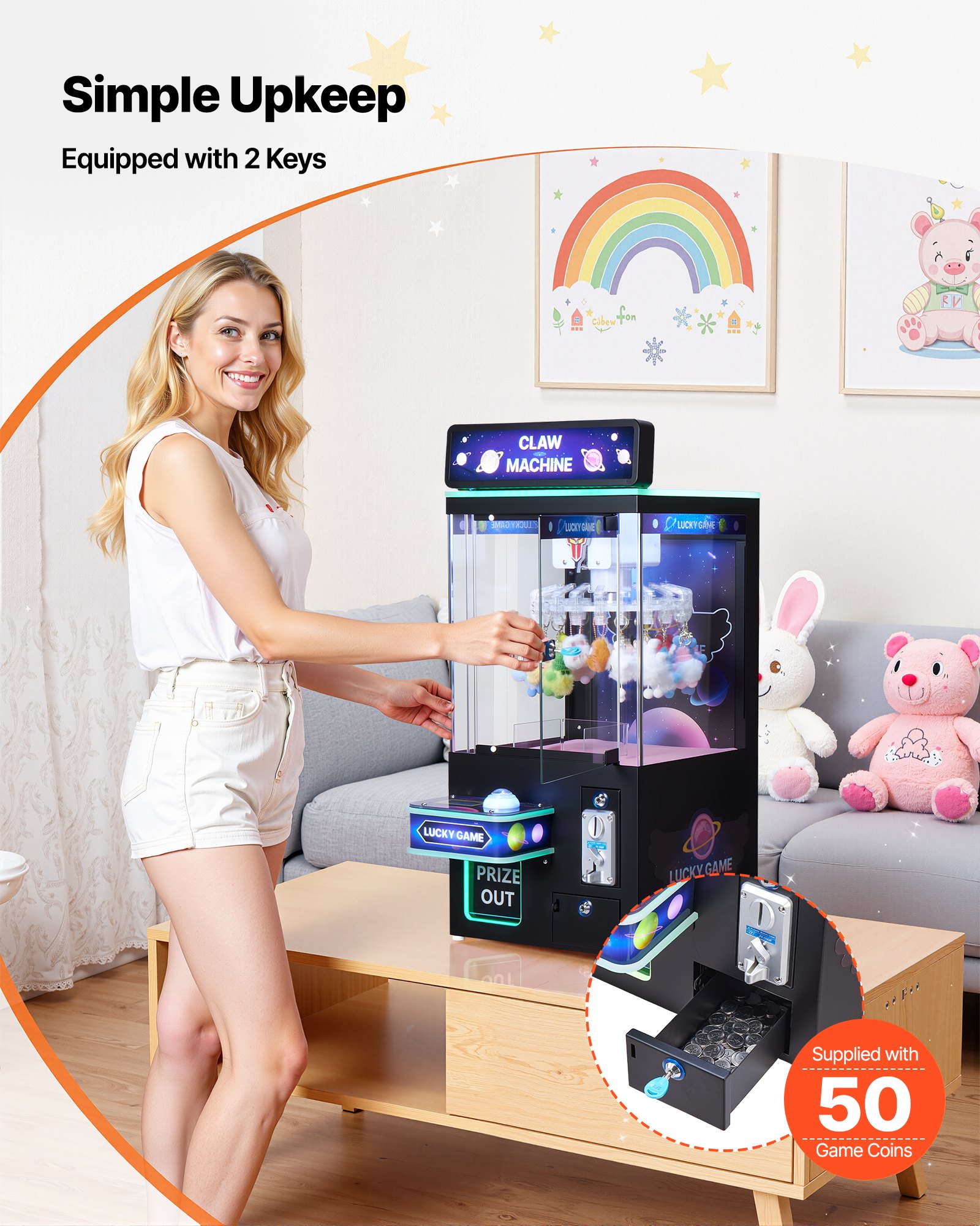 VEVOR Claw Crane Machine, Medium-Sized Arcade Game Machine with Light & Sound, Adjustable Difficulty, Precise Toy Candy Grabber Prize Dispenser Vending Toy, for Commercial Home Cinema, Black Purple