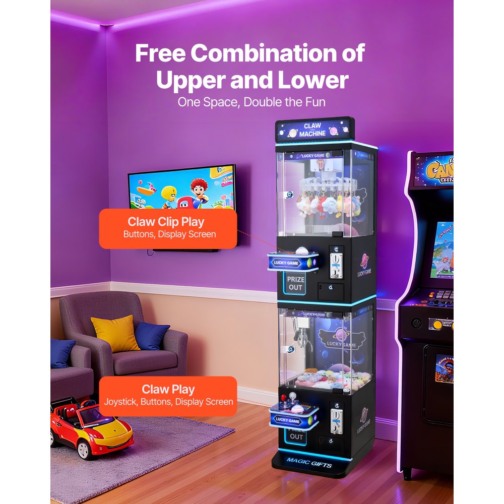 VEVOR Claw Crane Machine, Medium-Sized Arcade Game Machine with Claw + Grabber Double-Layer, Light & Sound, Toy Candy Grabber Prize Dispenser Vending Toy, for Commercial Home Cinema, Black Purple