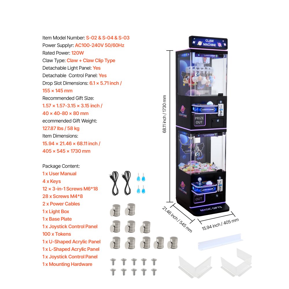 VEVOR Claw Crane Machine, Medium-Sized Arcade Game Machine with Claw + Grabber Double-Layer, Light & Sound, Toy Candy Grabber Prize Dispenser Vending Toy, for Commercial Home Cinema, Black Purple