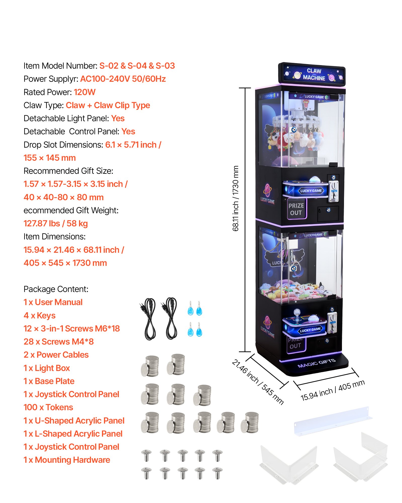 VEVOR Claw Crane Machine, Medium-Sized Arcade Game Machine with Claw + Grabber Double-Layer, Light & Sound, Toy Candy Grabber Prize Dispenser Vending Toy, for Commercial Home Cinema, Black Purple