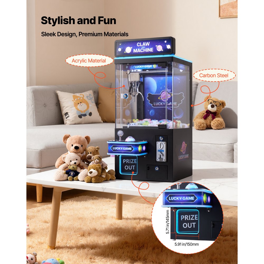 VEVOR Claw Crane Machine, Medium-Sized Arcade Game Machine with Light & Sound, Adjustable Steel Claws, Precise Toy Candy Grabber Prize Dispenser Vending Toy, for Commercial Home Cinema, Black Purple
