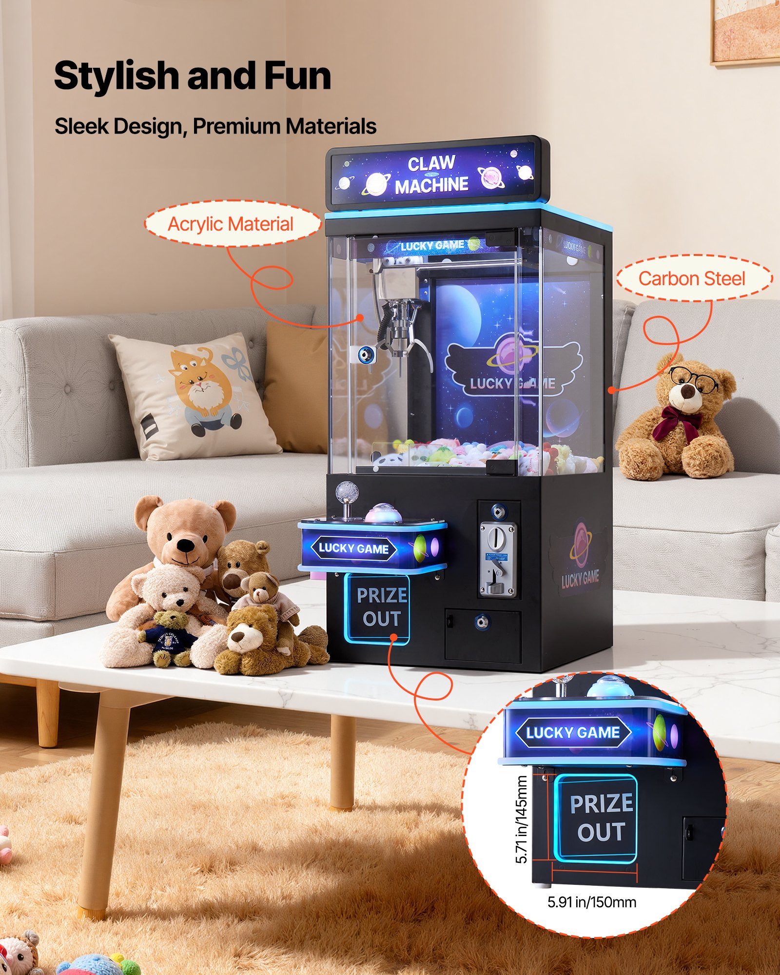 VEVOR Claw Crane Machine, Medium-Sized Arcade Game Machine with Light & Sound, Adjustable Steel Claws, Precise Toy Candy Grabber Prize Dispenser Vending Toy, for Commercial Home Cinema, Black Purple