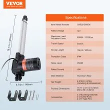 VEVOR Linear Actuator 12V 10In Heavy Duty 1320lbs/6000N 0.19"/s IP44 Protection