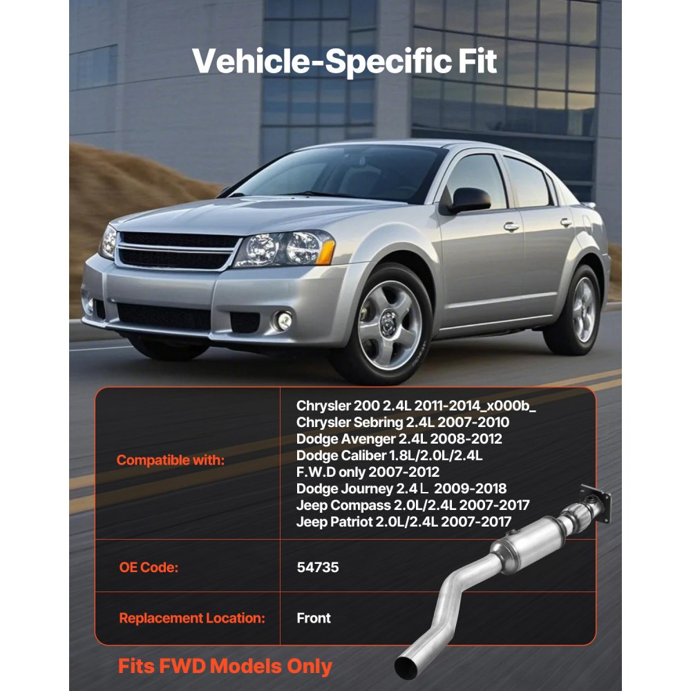 VEVOR Catalytic Converter, Compatible with Chrysler 200 Sebring/Dodge Avenger Caliber Journey /Jeep Compass Patriot, 2.4L L4, Front, Replacement OE 54735, Stainless Steel, for Exhaust Gas Purification