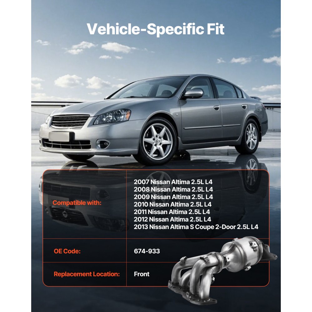 VEVOR Catalytic Converter, Compatible with Nissan Altima 2007 2008 2009 2010 2011 2012 2013 2.5L L4, Front, Replacement OE 674-933, Stainless Steel High Flow Converter, for Exhaust Gas Purification