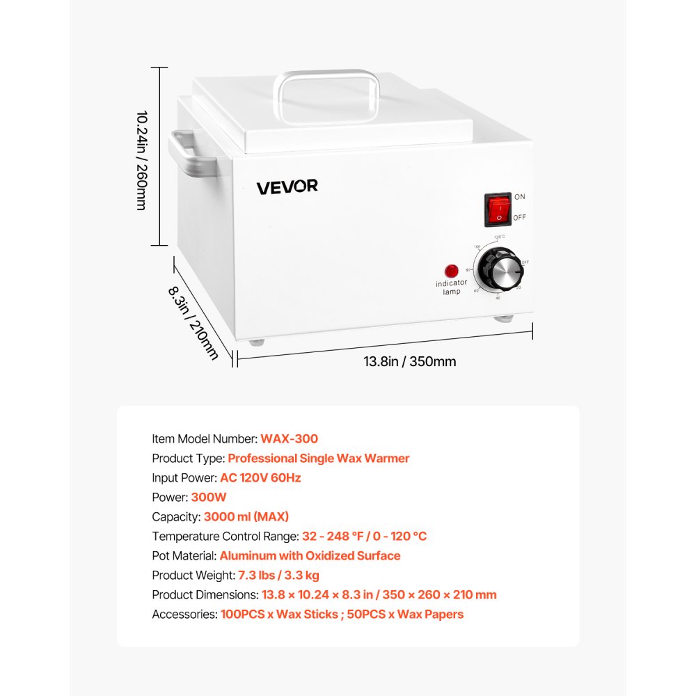 VEVOR Single Wax Warmer, 3000ML 300W Professional Wax Warmer for Hair Removal, 32 ℉ to 248 ℉ Adjustable Electric Waxing Heater Pot with 100PCS Sticks & 50PCS Papers for Home Use, Beauty Salon, Spa