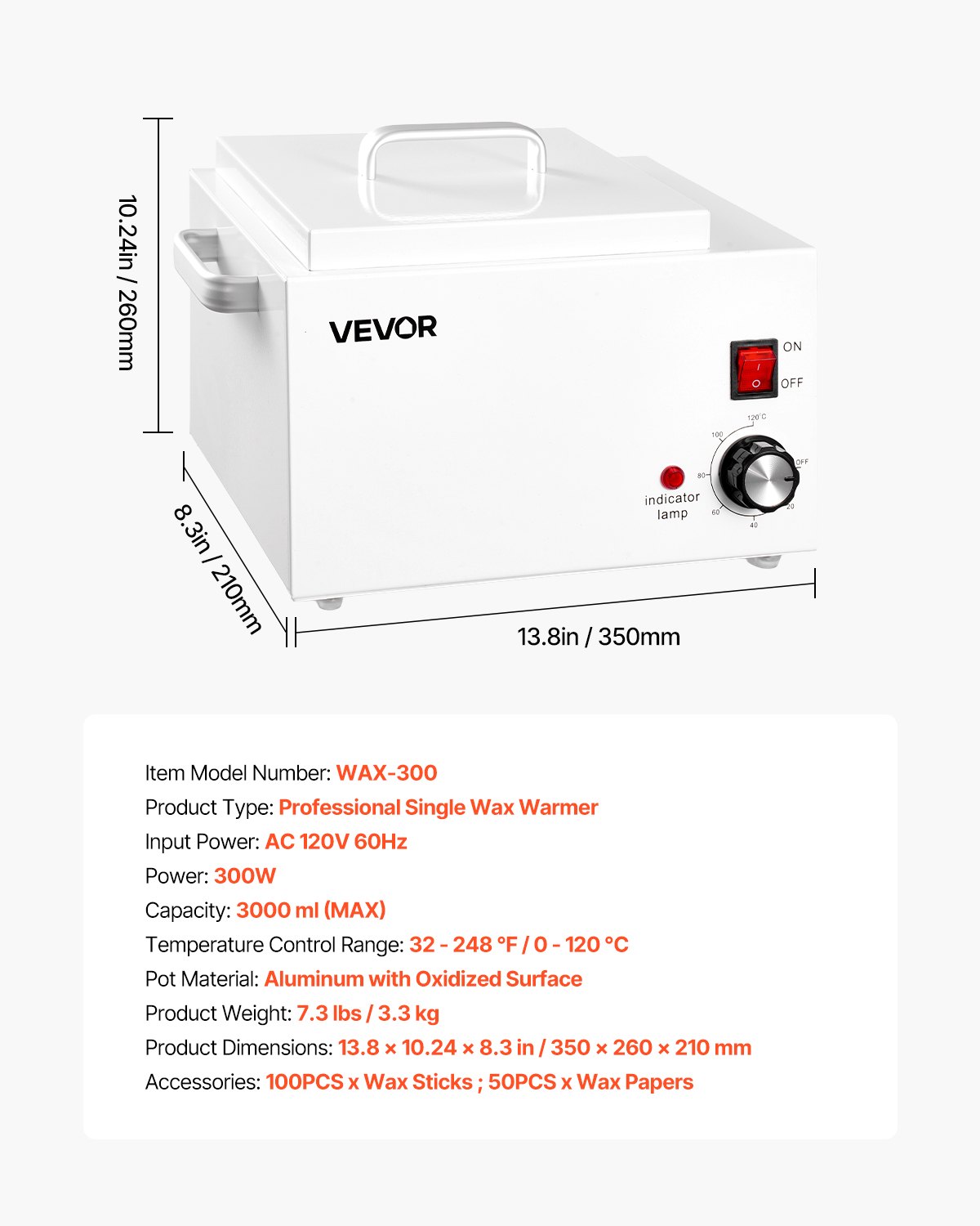 VEVOR Single Wax Warmer, 3000ML 300W Professional Wax Warmer for Hair Removal, 32 ℉ to 248 ℉ Adjustable Electric Waxing Heater Pot with 100PCS Sticks & 50PCS Papers for Home Use, Beauty Salon, Spa