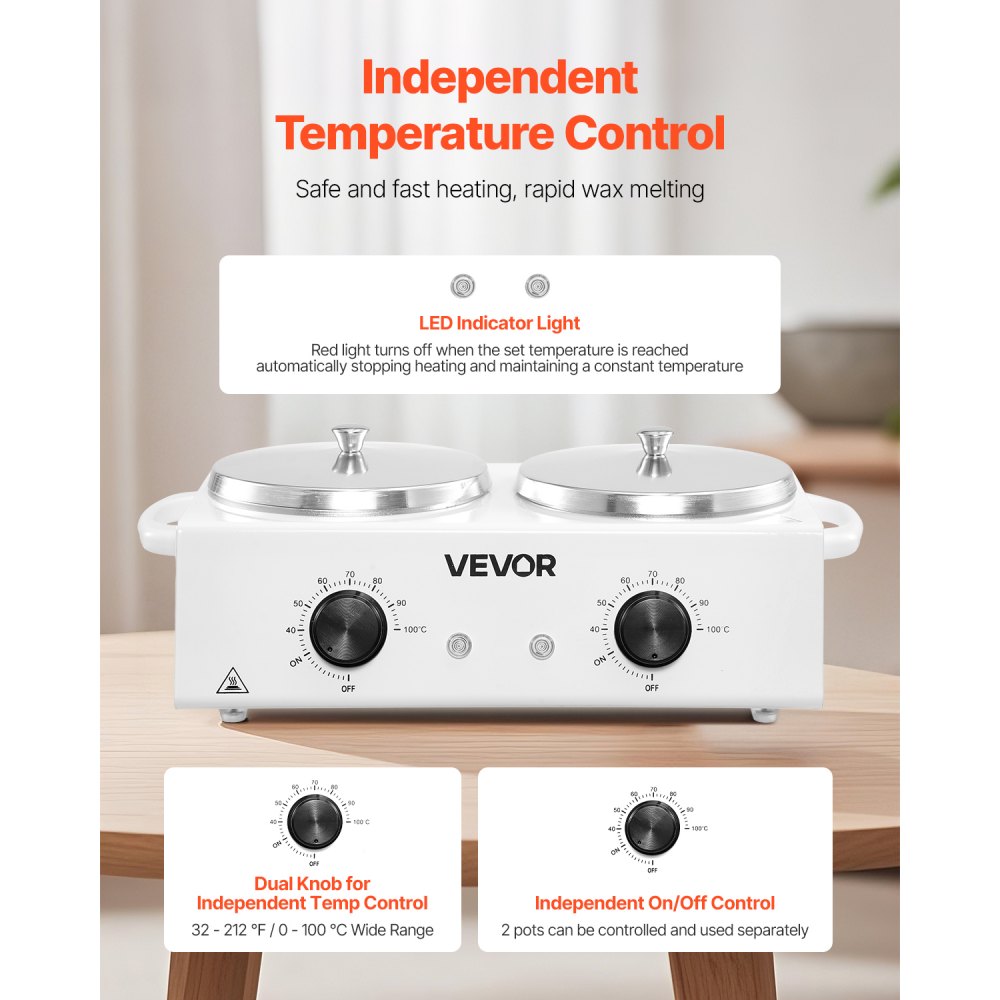 VEVOR Double Wax Warmer, 1200ML Professional Dual Wax Warmer for Hair Removal, 32 ℉ - 212℉ Adjustable Electric Waxing Heater Pot with 50PCS Waxing Sticks for Home Use, Beauty Salon, Spa