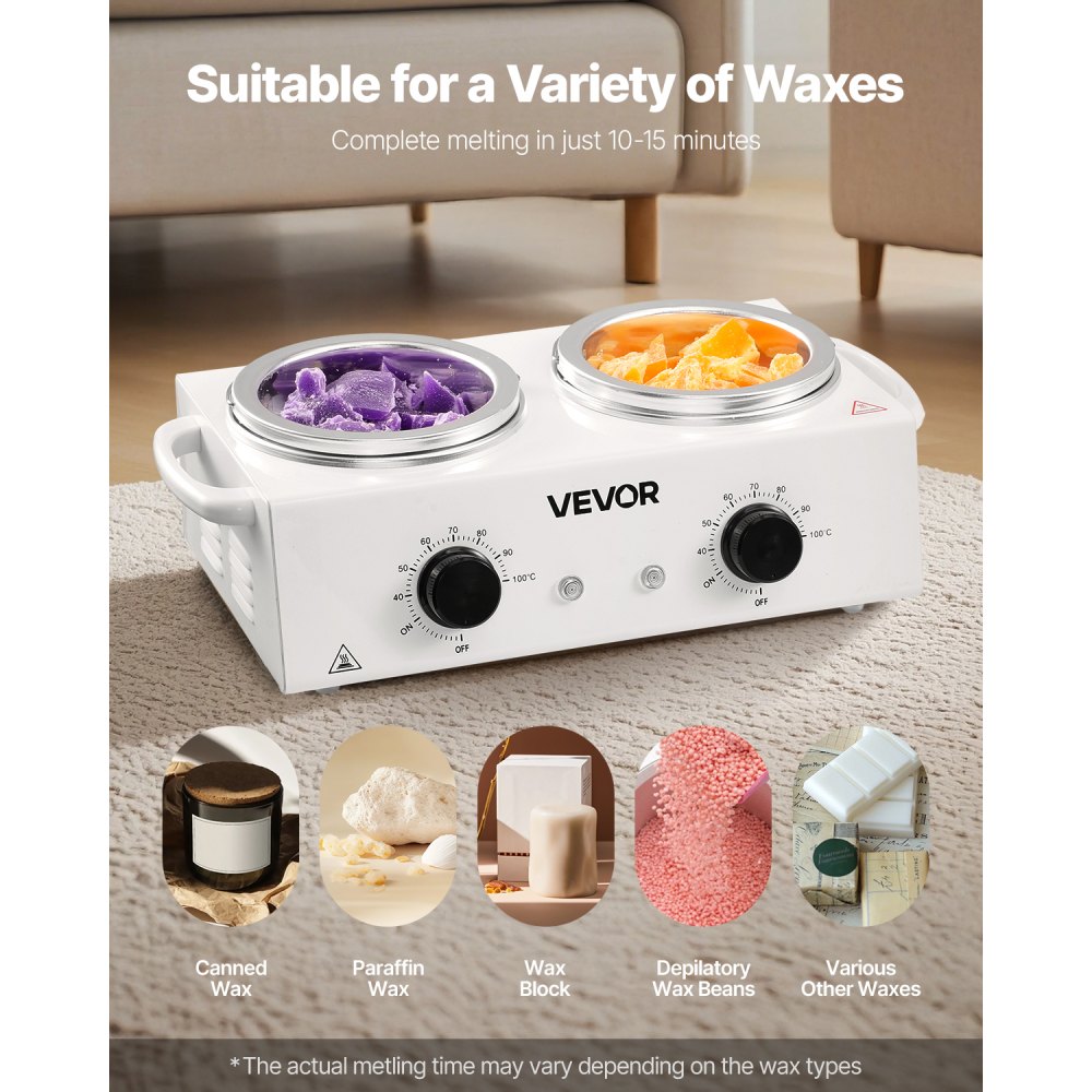 VEVOR Double Wax Warmer, 1200ML Professional Dual Wax Warmer for Hair Removal, 32 ℉ - 212℉ Adjustable Electric Waxing Heater Pot with 50PCS Waxing Sticks for Home Use, Beauty Salon, Spa