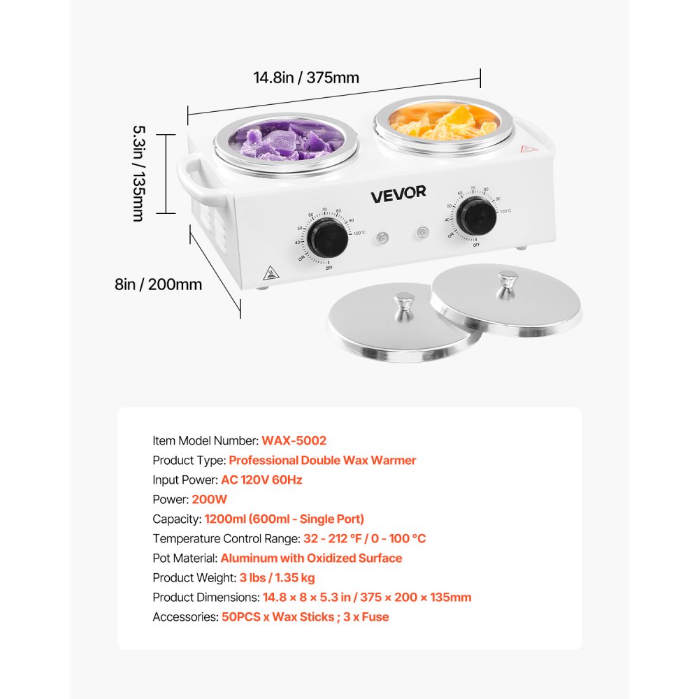 VEVOR Double Wax Warmer, 1200ML Professional Dual Wax Warmer for Hair Removal, 32 ℉ - 212℉ Adjustable Electric Waxing Heater Pot with 50PCS Waxing Sticks for Home Use, Beauty Salon, Spa