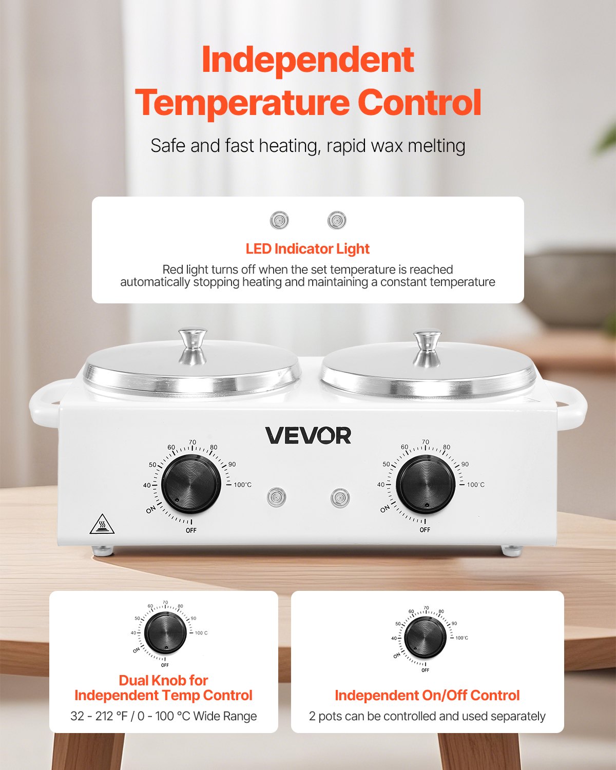 VEVOR Double Wax Warmer, 1200ML Professional Dual Wax Warmer for Hair Removal, 32 ℉ - 212℉ Adjustable Electric Waxing Heater Pot with 50PCS Waxing Sticks for Home Use, Beauty Salon, Spa