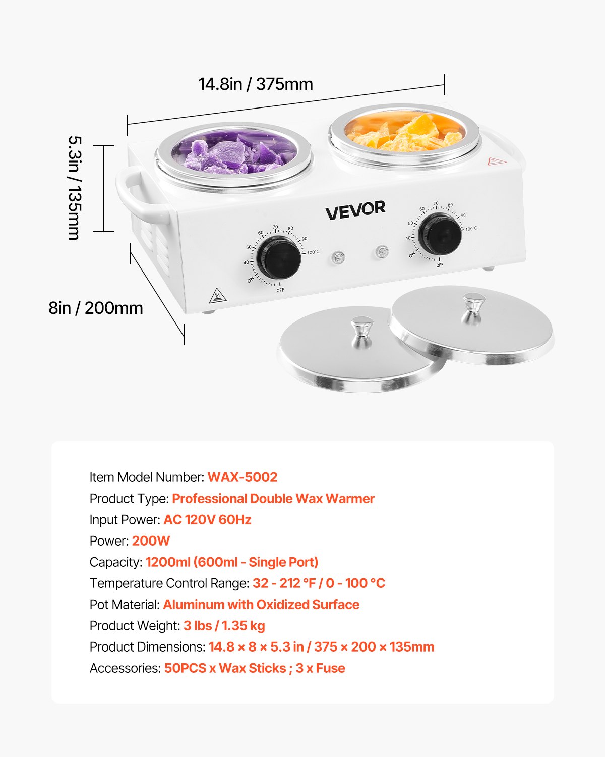 VEVOR Double Wax Warmer, 1200ML Professional Dual Wax Warmer for Hair Removal, 32 ℉ - 212℉ Adjustable Electric Waxing Heater Pot with 50PCS Waxing Sticks for Home Use, Beauty Salon, Spa