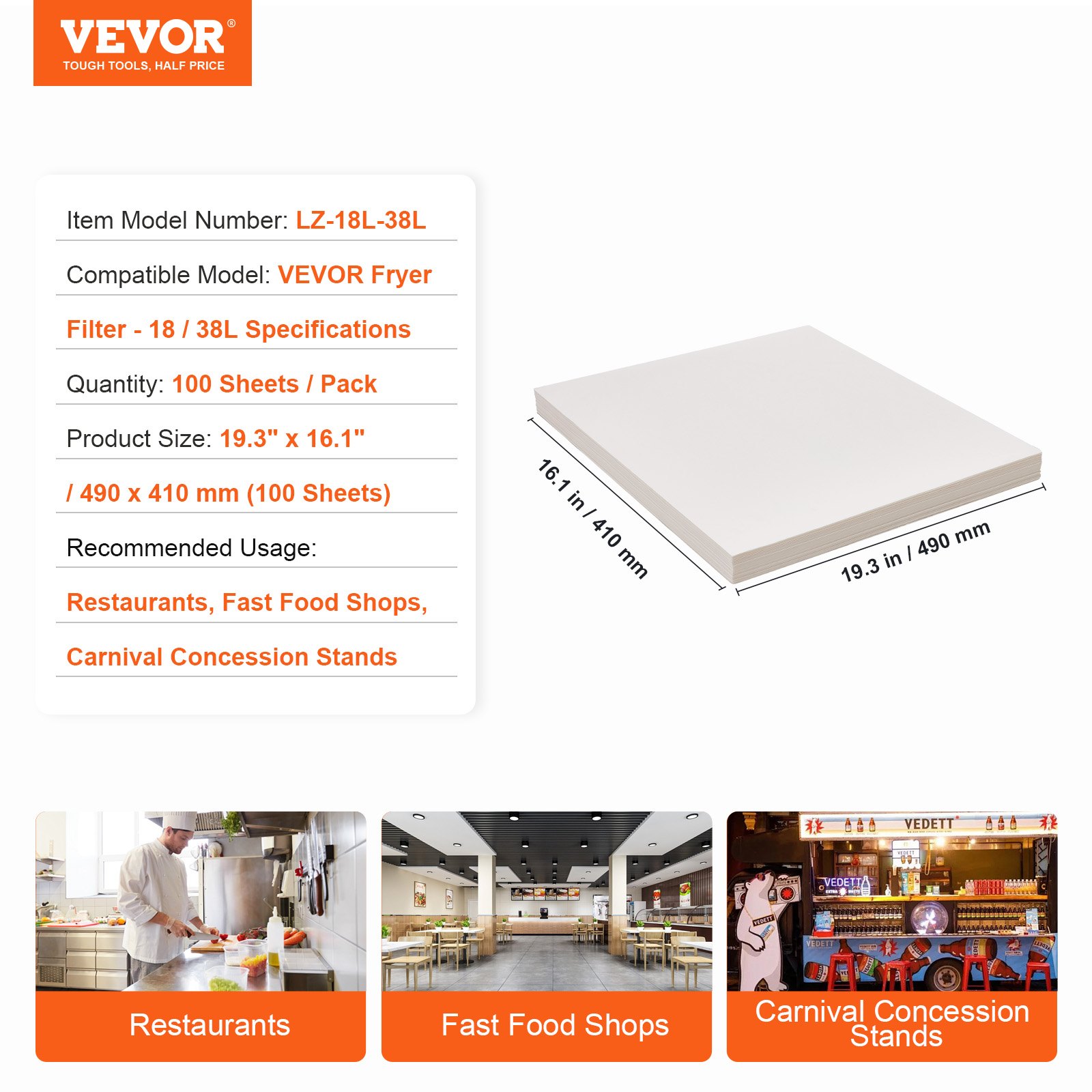 VEVOR Fryer Filter Paper, 100 Sheets, 19.3" x 16.1", Replacement Deep Fryer Filter Sheets for 18L/38L Commercial Mobile Fryer Filter Machine, for Restaurant, Fast Food Shop, Carnival Concession Stand