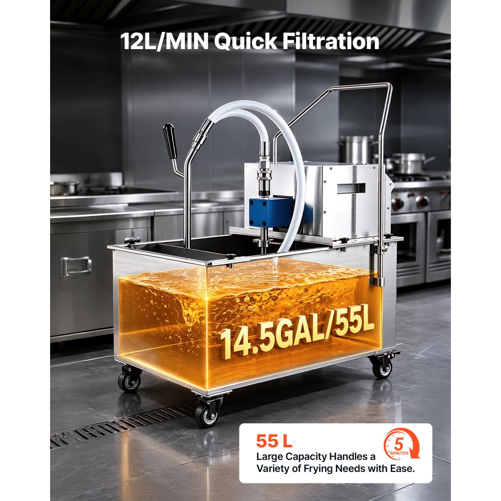 VEVOR Commercial Mobile Fryer Filter Machine, 55L /14.5Gal Filter Truck Cart, 250W Deep Frying Oil Filtration System, Stainless Steel, 12 L/min Filtering Speed, for Restaurant, Kitchen, Burger Shop