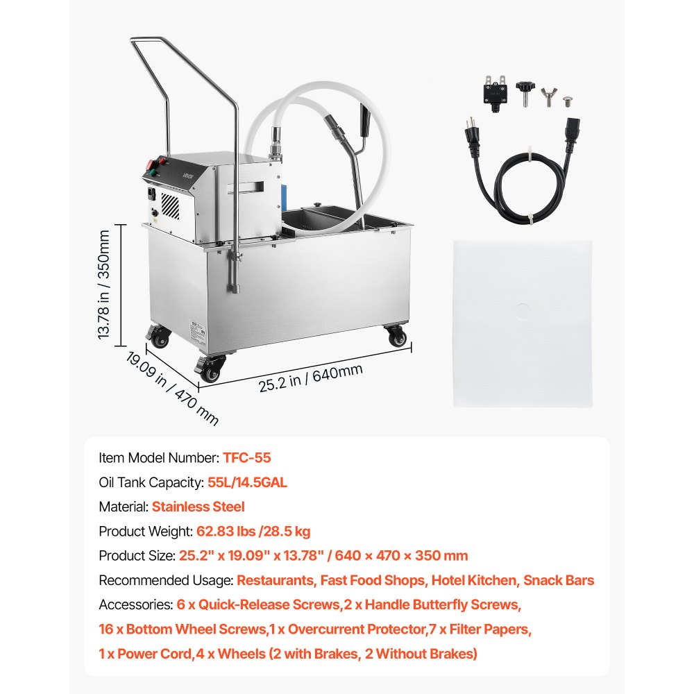 VEVOR Commercial Mobile Fryer Filter Machine, 55L /14.5Gal Filter Truck Cart, 250W Deep Frying Oil Filtration System, Stainless Steel, 12 L/min Filtering Speed, for Restaurant, Kitchen, Burger Shop