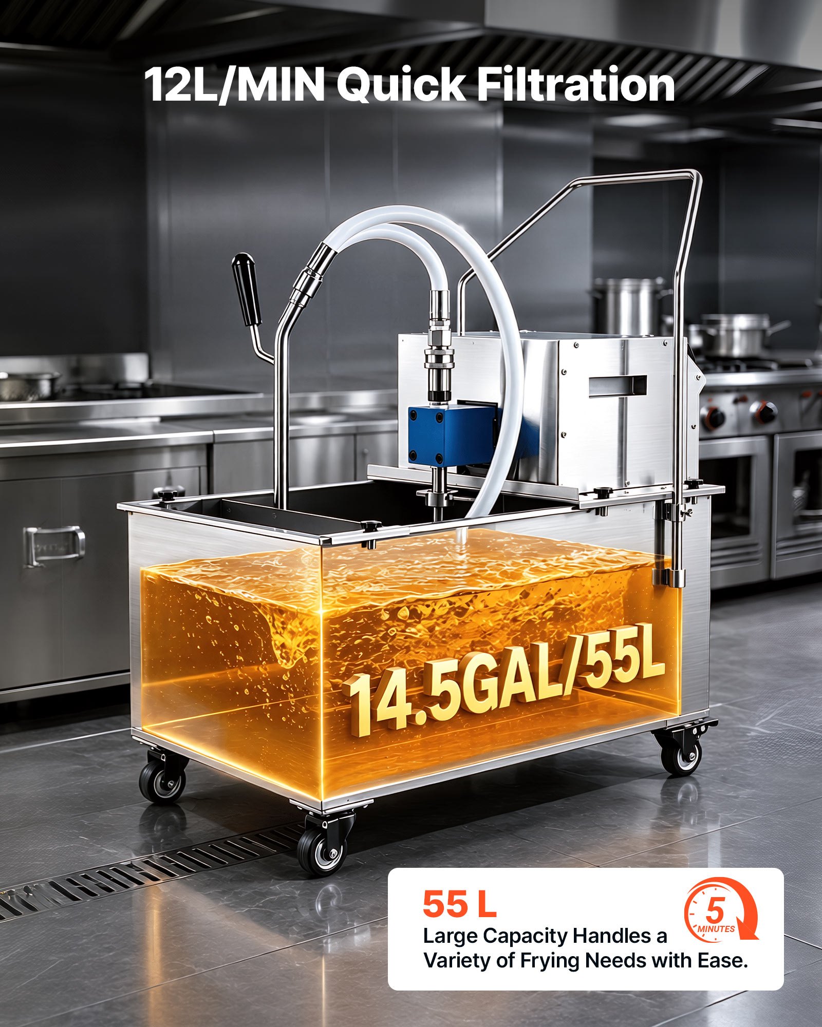 VEVOR Commercial Mobile Fryer Filter Machine, 55L /14.5Gal Filter Truck Cart, 250W Deep Frying Oil Filtration System, Stainless Steel, 12 L/min Filtering Speed, for Restaurant, Kitchen, Burger Shop