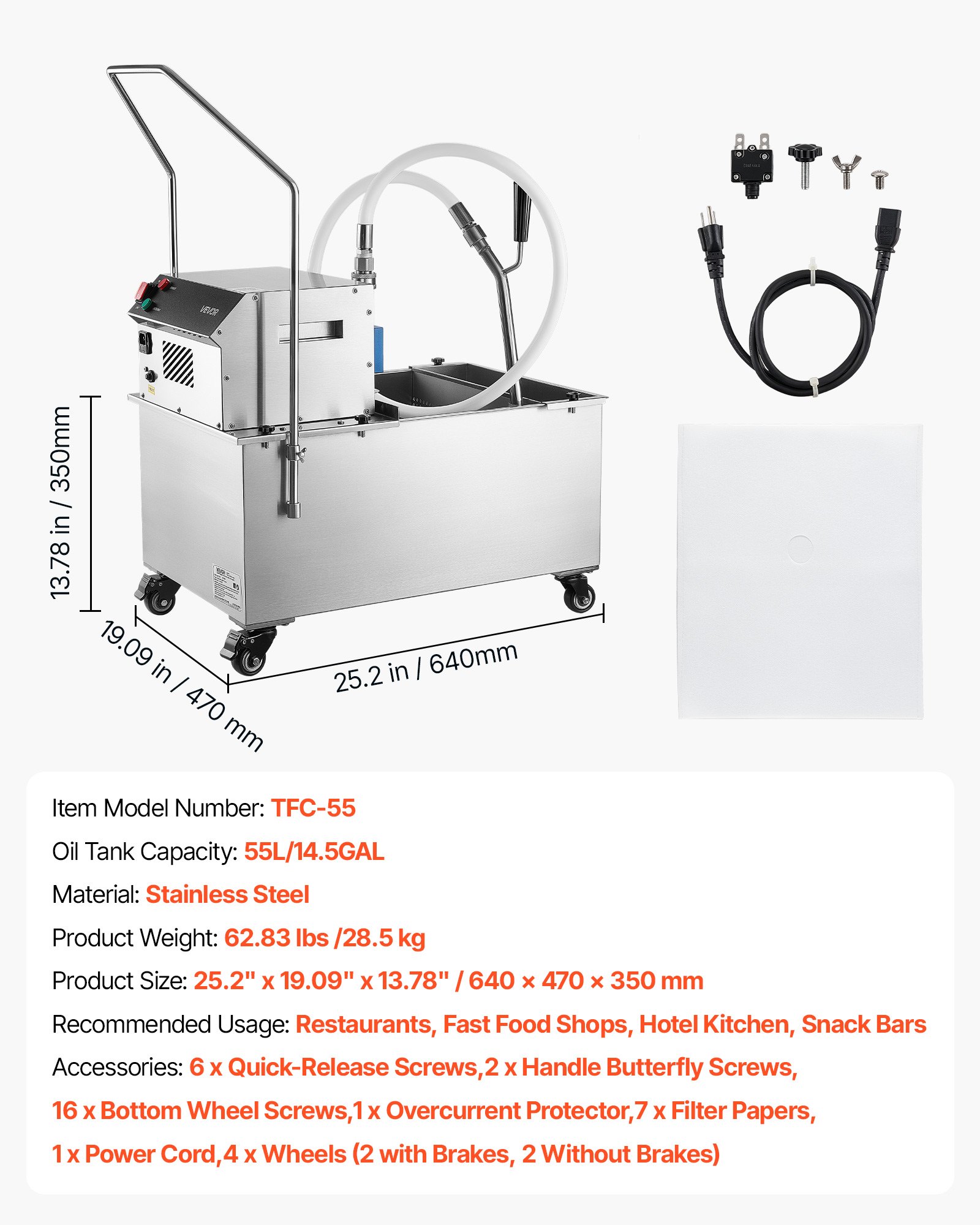 VEVOR Commercial Mobile Fryer Filter Machine, 55L /14.5Gal Filter Truck Cart, 250W Deep Frying Oil Filtration System, Stainless Steel, 12 L/min Filtering Speed, for Restaurant, Kitchen, Burger Shop