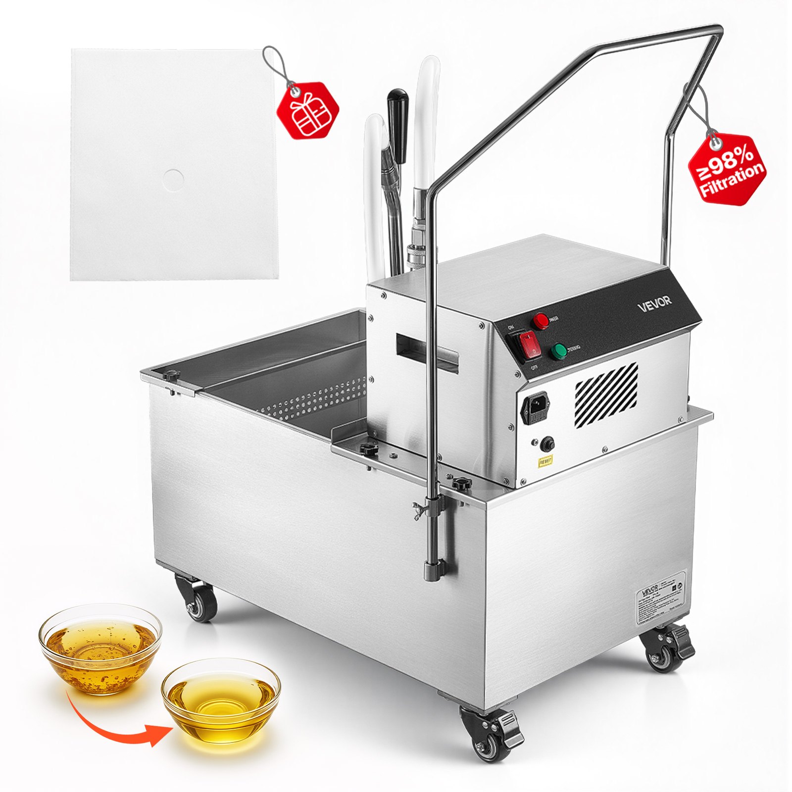VEVOR Commercial Mobile Fryer Filter Machine, 55L /14.5Gal Filter Truck Cart, 250W Deep Frying Oil Filtration System, Stainless Steel, 12 L/min Filtering Speed, for Restaurant, Kitchen, Burger Shop