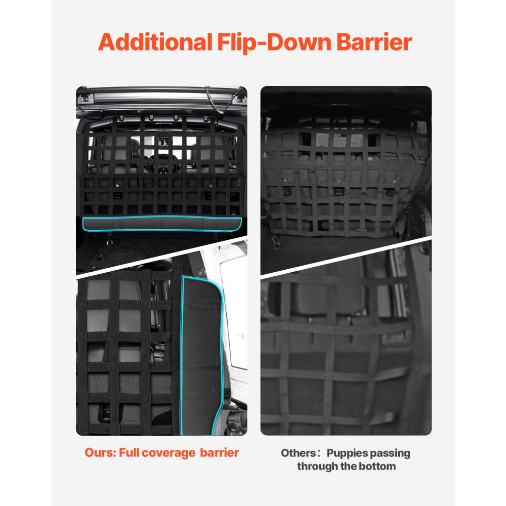 VEVOR Dog Car Barrier, Mesh Cargo Pet Net for Jeep Wrangler JK 2007-2017 JL 20018-2024, Vehicle Pet Barrier Fits Behind Rear Seat Cargo Area, Scratch and Tear-Resistant Polyester Mesh, Easy to Install