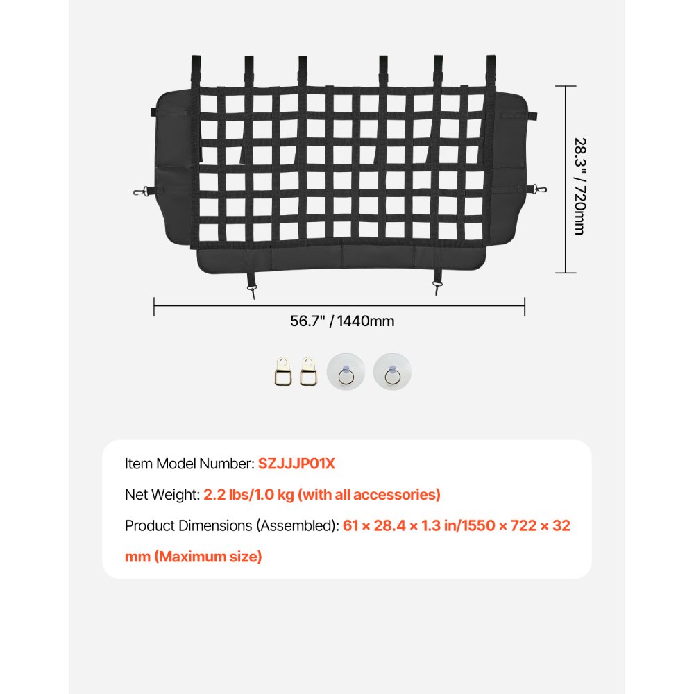 VEVOR Dog Car Barrier, Mesh Cargo Pet Net for Jeep Wrangler JK 2007-2017 JL 20018-2024, Vehicle Pet Barrier Fits Behind Rear Seat Cargo Area, Scratch and Tear-Resistant Polyester Mesh, Easy to Install