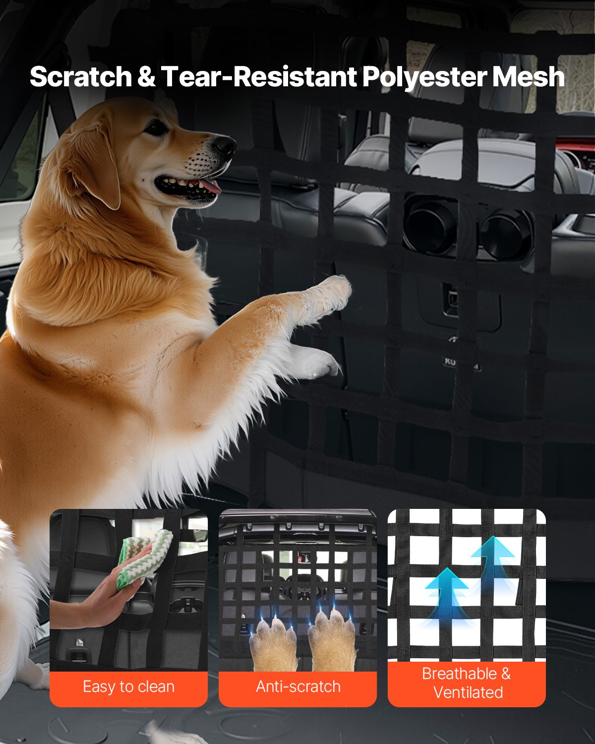 VEVOR Dog Car Barrier, Mesh Cargo Pet Net for Jeep Wrangler JK 2007-2017 JL 20018-2024, Vehicle Pet Barrier Fits Behind Rear Seat Cargo Area, Scratch and Tear-Resistant Polyester Mesh, Easy to Install