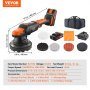 VEVOR cordless buffer polisher set with accessories, including pads, battery, charger, and storage bag.