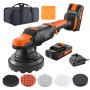 VEVOR cordless buffer polisher set with attachments, battery, charger, carrying case, and cleaning cloth.