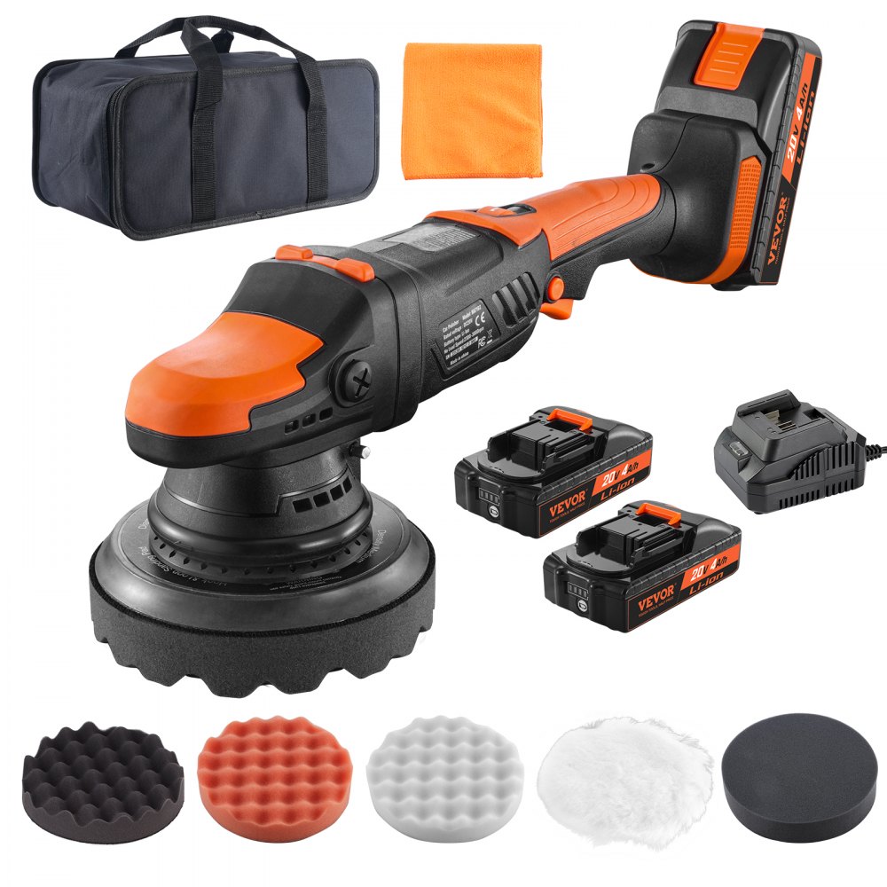 VEVOR cordless buffer polisher with charger, two batteries, carrying bag, cloth, and various pads.