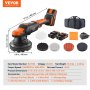 VEVOR cordless buffer polisher, includes various pads, batteries, charger, storage bag, and hex wrench.