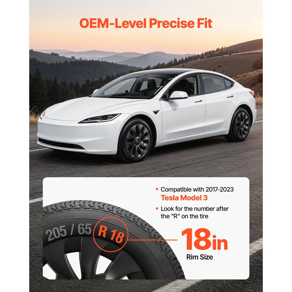 VEVOR Hubcaps Wheel Covers for 2017-2023 Tesla Model 3, 18 Inch Set of 4 Wheel Rim Cover Hubcaps OEM Style Replacement, R18 Size Snap On Car Hub Caps, Premium 10-Spoke ABS Tire Rim Caps, Matte Black