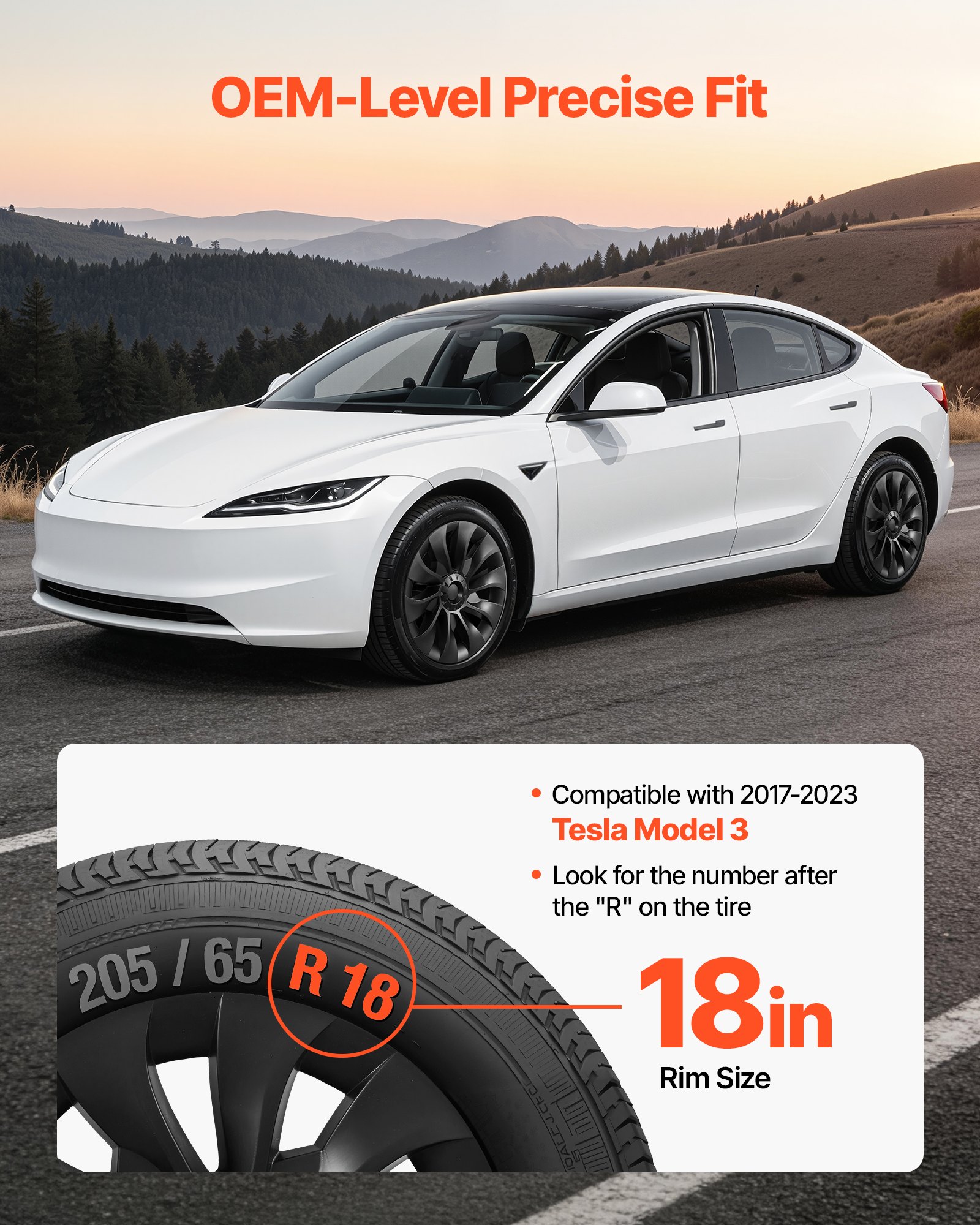 VEVOR Hubcaps Wheel Covers for 2017-2023 Tesla Model 3, 18 Inch Set of 4 Wheel Rim Cover Hubcaps OEM Style Replacement, R18 Size Snap On Car Hub Caps, Premium 10-Spoke ABS Tire Rim Caps, Matte Black