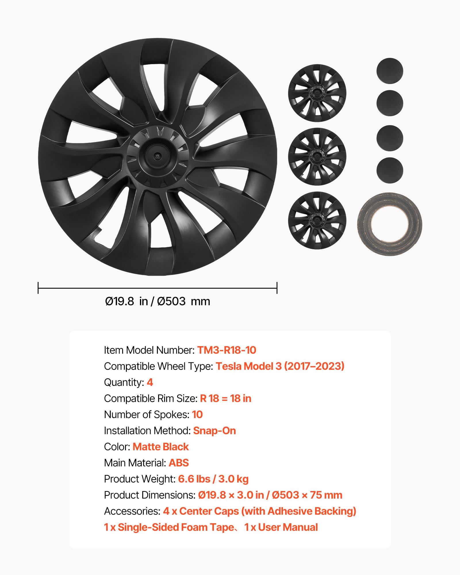 VEVOR Hubcaps Wheel Covers for 2017-2023 Tesla Model 3, 18 Inch Set of 4 Wheel Rim Cover Hubcaps OEM Style Replacement, R18 Size Snap On Car Hub Caps, Premium 10-Spoke ABS Tire Rim Caps, Matte Black