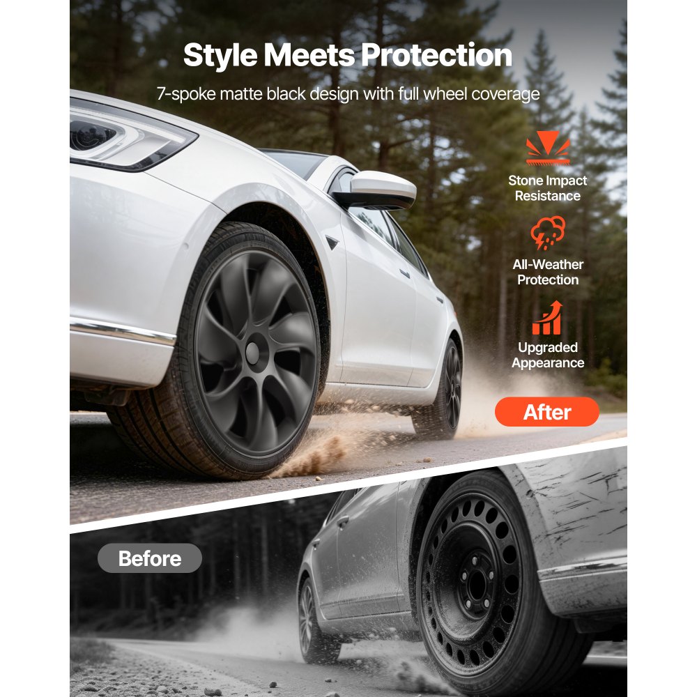 VEVOR Hubcaps Wheel Covers for 2021-2024 Tesla Model Y, 19 Inch Set of 4 Wheel Rim Cover Hubcaps OEM Style Replacement, R19 Size Snap On Car Hub Caps, Premium 7-Spoke ABS Tire Rim Caps, Matte Black