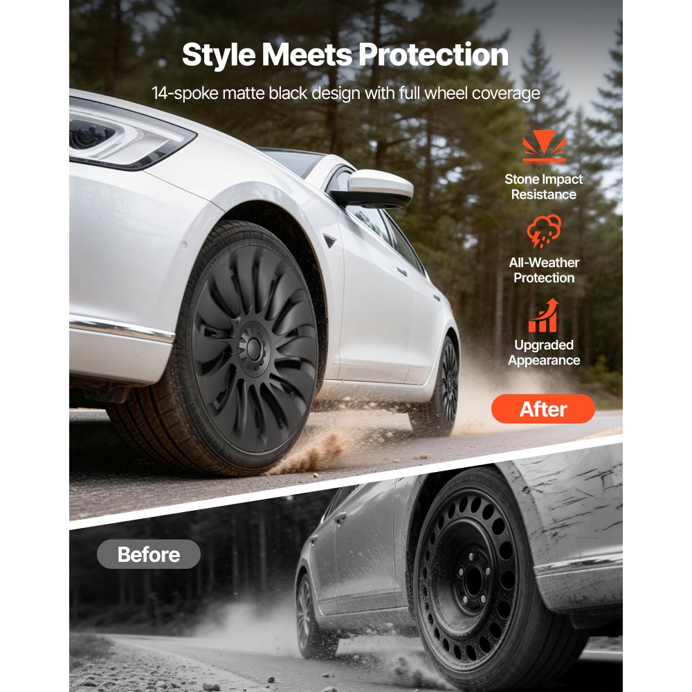 VEVOR Hubcaps Wheel Covers for 2021-2024 Tesla Model Y, 19 Inch Set of 4 Wheel Rim Cover Hubcaps OEM Style Replacement, R19 Size Snap On Car Hub Caps, Premium 14-Spoke ABS Tire Rim Caps, Matte Black