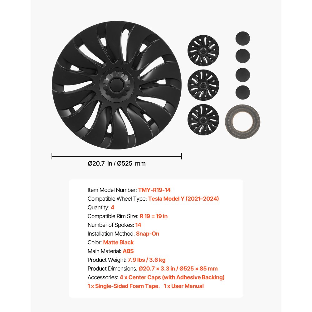 VEVOR Hubcaps Wheel Covers for 2021-2024 Tesla Model Y, 19 Inch Set of 4 Wheel Rim Cover Hubcaps OEM Style Replacement, R19 Size Snap On Car Hub Caps, Premium 14-Spoke ABS Tire Rim Caps, Matte Black