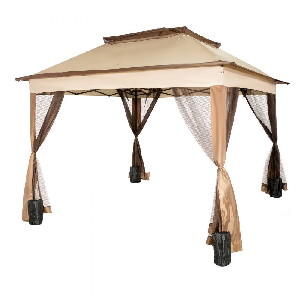VEVOR Outdoor Canopy Gazebo Tent, Portable Canopy Shelter with 11'x11' Large Shade Space for Party, Backyard, Patio Lawn and Garden, 4 Sandbags, Carrying Bag and Netting Included, Brown