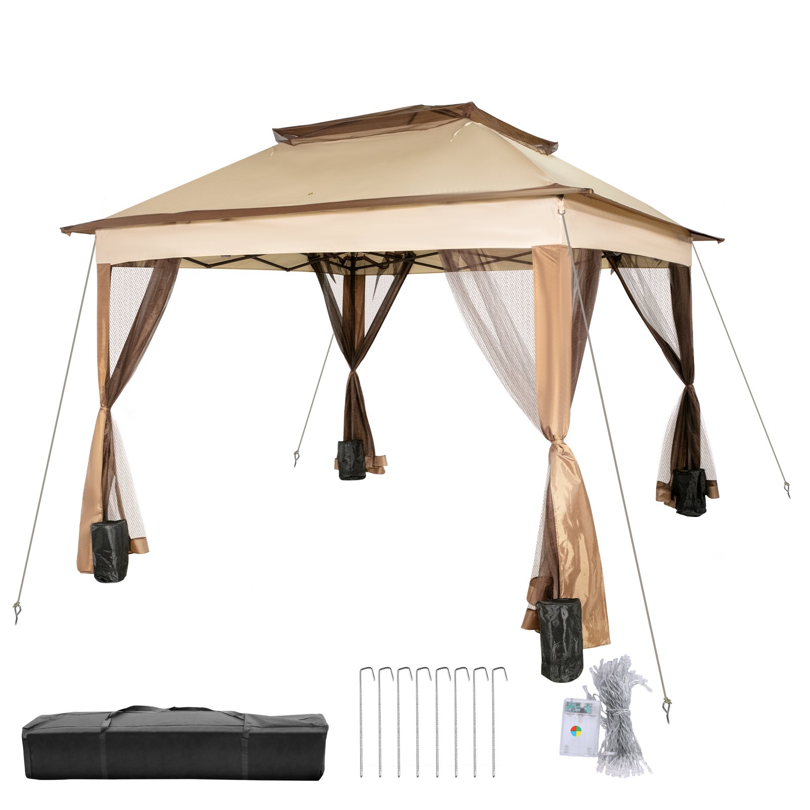 VEVOR Outdoor Canopy Gazebo Tent, Portable Canopy Shelter with 11\'x11\' Large Shade Space for Party, Backyard, Patio Lawn and Garden, 4 Sandbags, Carrying Bag and Netting Included, Brown