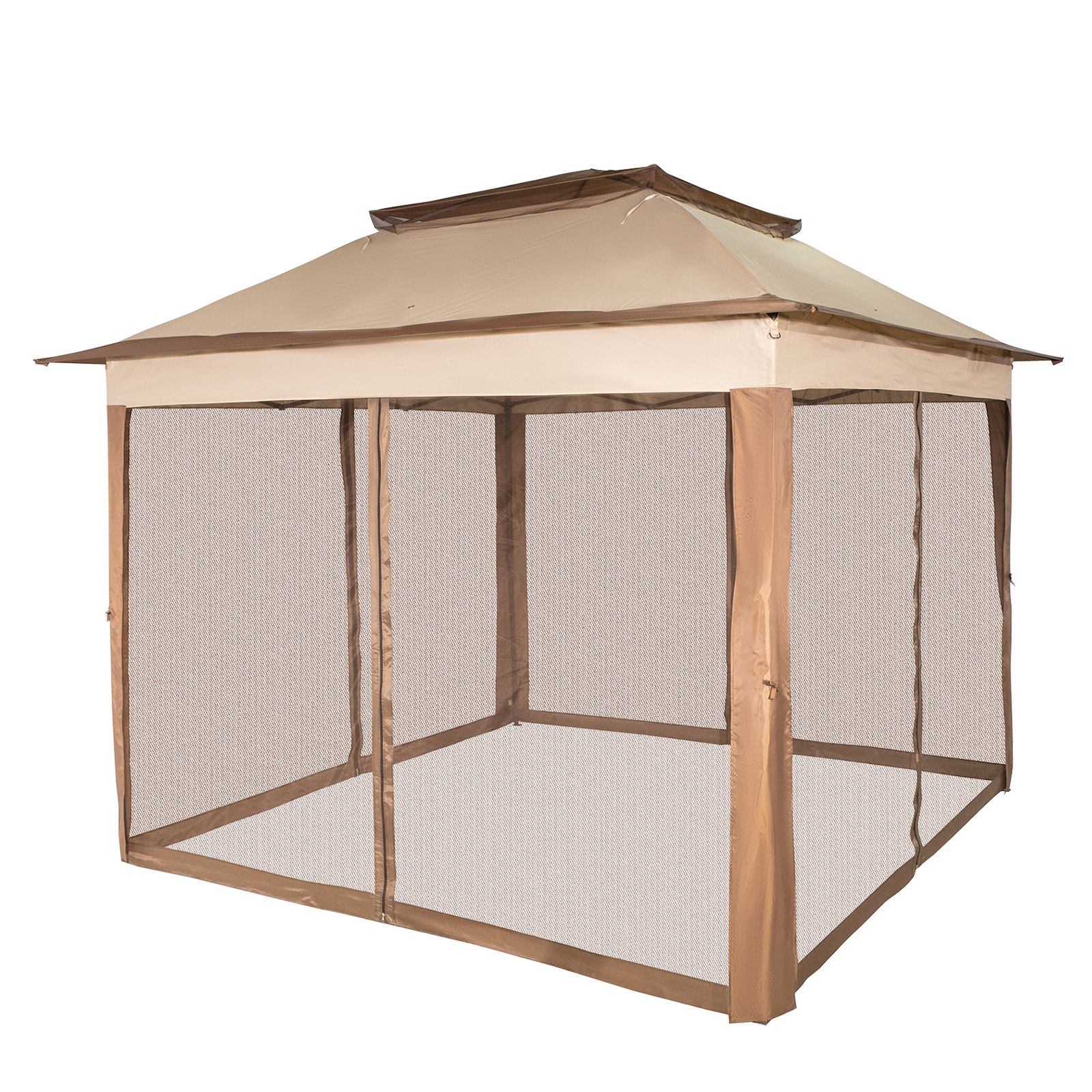 VEVOR Outdoor Canopy Gazebo Tent, Portable Canopy Shelter with 11'x11' Large Shade Space for Party, Backyard, Patio Lawn and Garden, 4 Sandbags, Carrying Bag and Netting Included, Brown