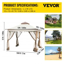 VEVOR Outdoor Canopy Gazebo Tent, Portable Canopy Shelter with 12\'x12\' Large Shade Tents for Parties, Backyard, Patio Lawn and Garden, 4 Sandbags, Carrying Bag and Netting Included, Brown