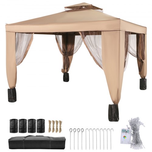 Patio Gazebo 10x10ft Gazebo with Mosquito Netting Steel Frame Outdoor Gazebo Patio Tent Garden Winds Replacement Canopy Double Tier Roof Canopy Gazebos For Patios Garden Home Lawn Brown