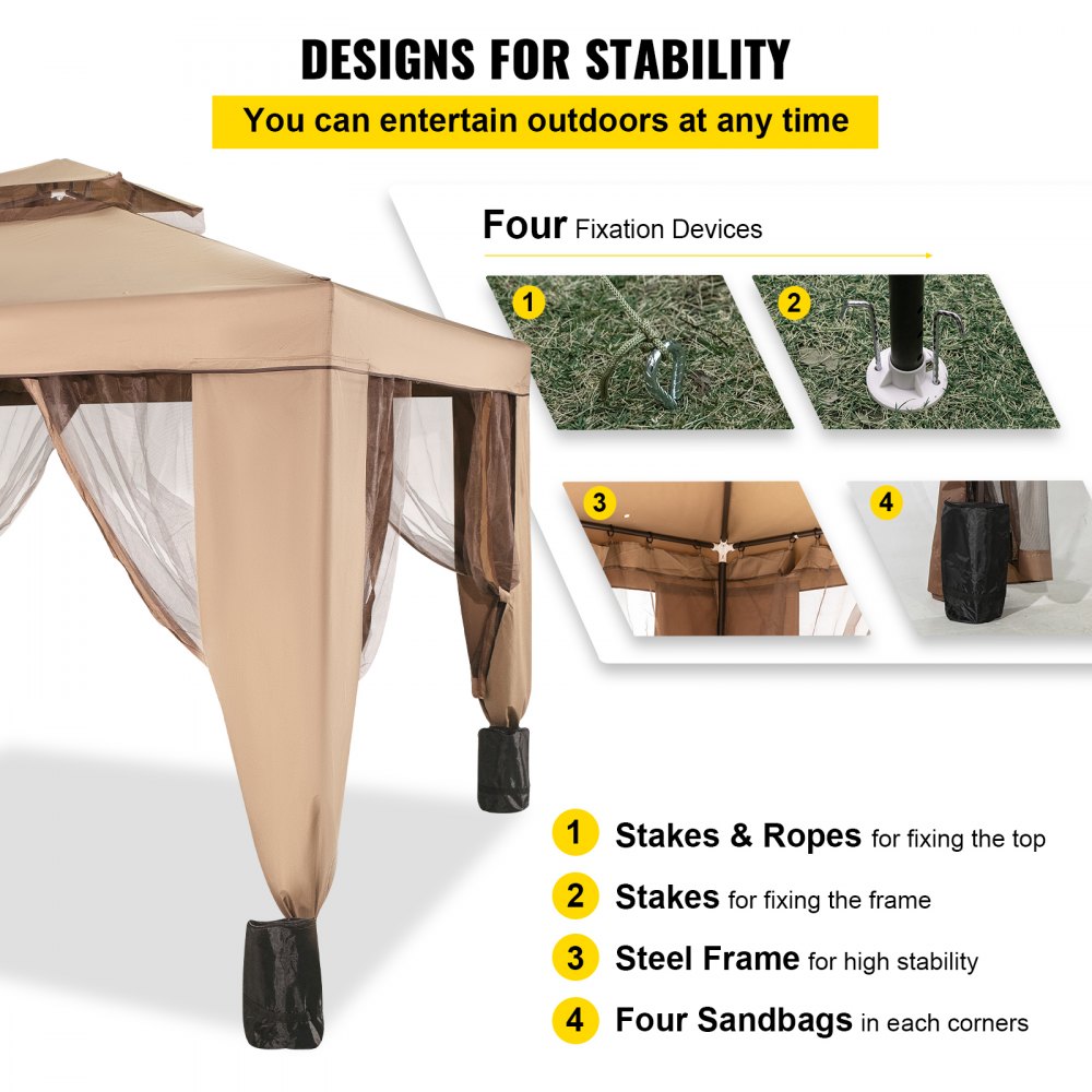 VEVOR Outdoor Canopy Gazebo Tent, Portable Canopy Shelter with 10\'x10\' Large Shade Space for Party, Backyard, Patio Lawn and Garden, 4 Sandbags, and Netting Included, Brown